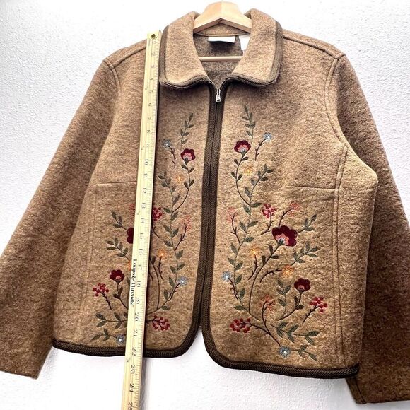 Wool Liz Claiborne western country brown Blazer cozy Jacket zip  flower ‎ L. - Picture 5 of 12